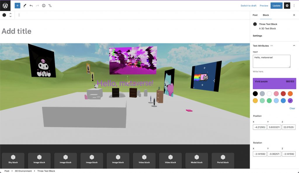 a screenshot of the editor view of the Three Object Viewer Environment block. On the left is a 3D world with text, images, video, and 3d models. On the right is the familiar sidebar we've come to know and love in the block editor. 
