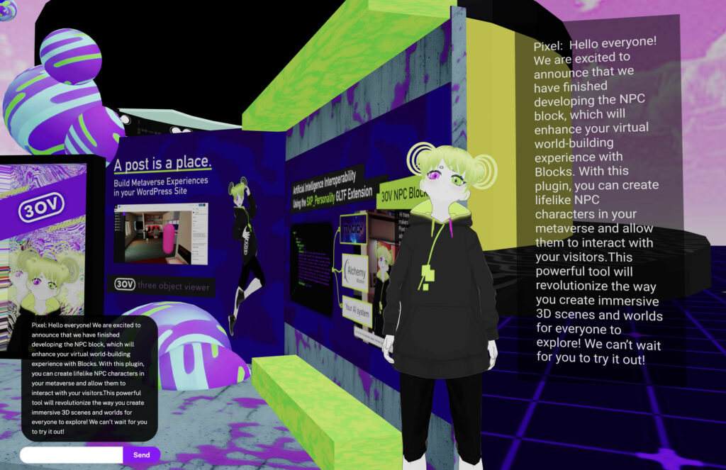 a screenshot of a AI powered NPC character named Pixel who is a robo girl that helps 3OV debut blocks. She is responding to a request to tell folks about the new release and is saying "Hello everyone! We are excited to announce that we have finished eveloping the NPC block. This powerful tool will revolutionize the way you create immersive 3D scenes and worlds for everyone to explore.