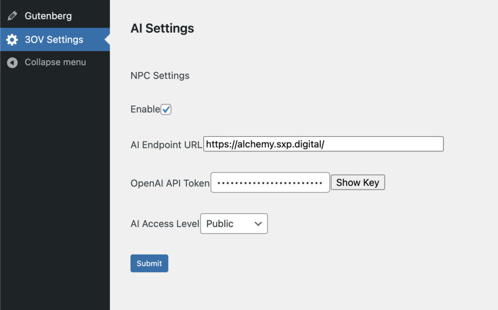 The settings page of the block where Endpoint URL, API Key, and Access Level are defined.