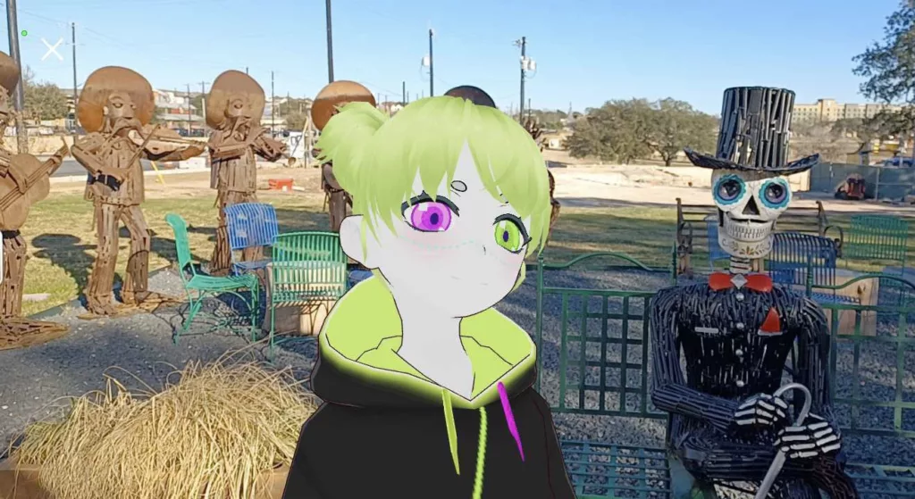 A screen capture from WebXR using the AR features in the 3OV Three Object Block. In the photo is a 3D avatar robot girl standing in front of a mexican restaurant.