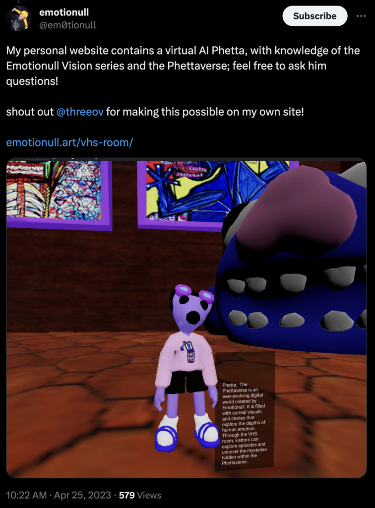screenshot of 3OV User's @emotionull showing off his AI avatar "Phetta" in his website using 3OV. The Phetta character is a purple rate and is explaining to the visitor what the phettaverse is.