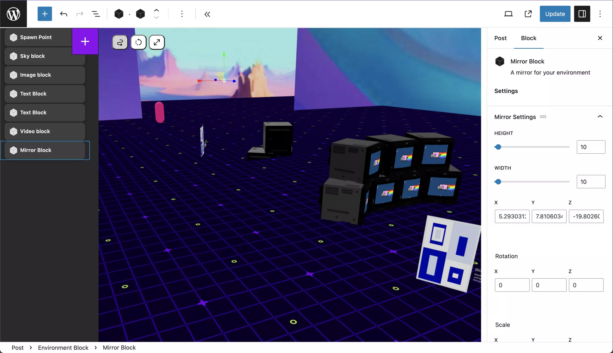 Screenshot of a custom "Mirror Block" which adds a mirror in the 3D editor in the block editor interface.