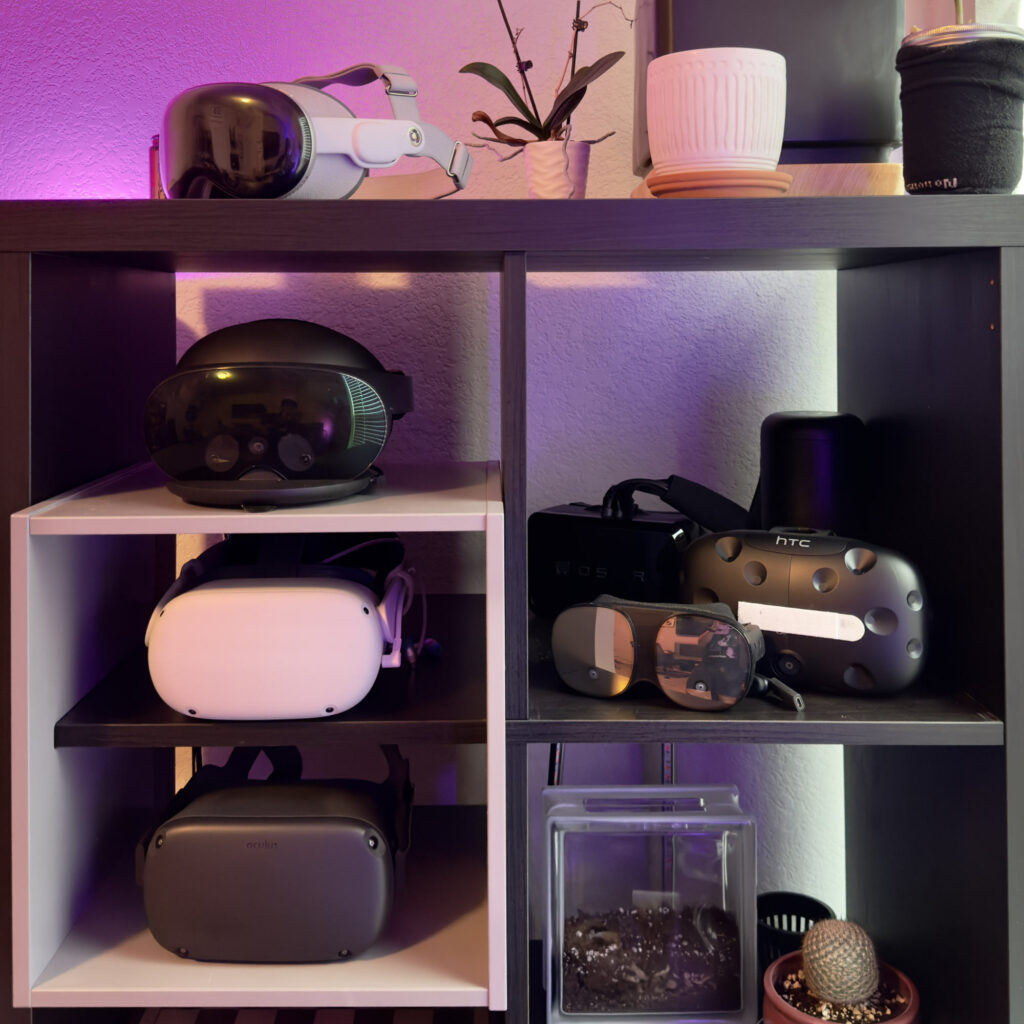 🤓 Here's a picture of my HMD collection ~2016-2024. Order of when I got them: OSVR (back right corner), HTC Vive, Quest, Quest 2, Vive Flow, Quest Pro, Vision Pro